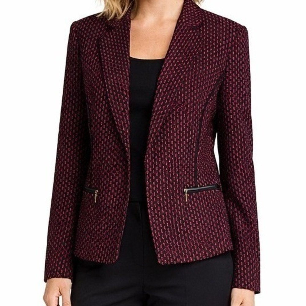 VTG Y2K Womens Blazer Jacket Black‎ Fuchsia Pattern Zipper Pockets Preppy XXL